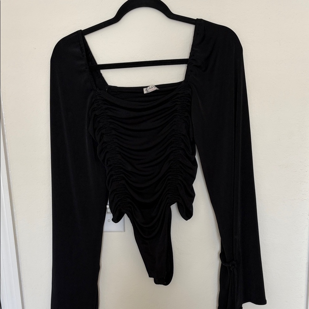 Free People Black Ruched Long-Sleeve Bodysuit
